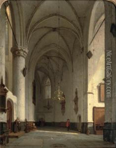 A Sunlit Church Interior, St. Bavo Haarlem Oil Painting - Jan Jacob Schenkel