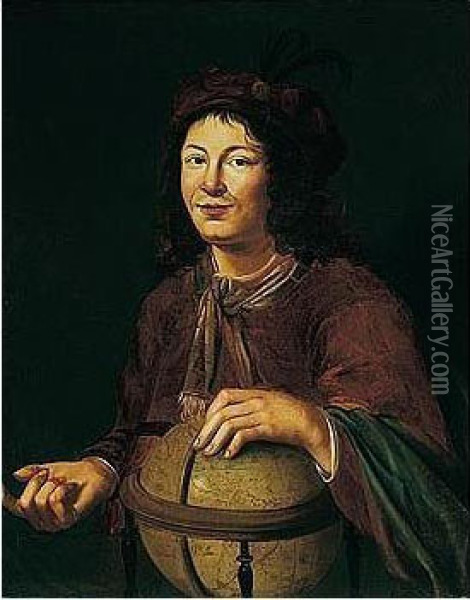 Portrait Of A Young Man, Probably Democritus, Three-quarter Length, Wearing Red With A Plumed Hat, Holding A Globe Oil Painting - Jacob Lois