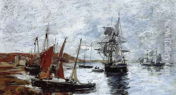 Camaret, Boats on the Shore Oil Painting - Eugene Boudin
