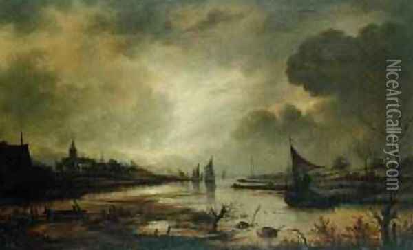 Dutch Town on a River by Moonlight Oil Painting - Aert van der Neer
