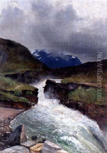 Brusande Vattenfall Oil Painting - Olof Hermelin