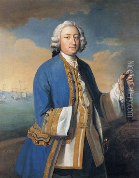Portrait Of Captain David Brodie Wearing A Blue And Gold Thread Edged Coat, Holding A Telescope, Shipping Beyond Oil Painting - Philip Mercier