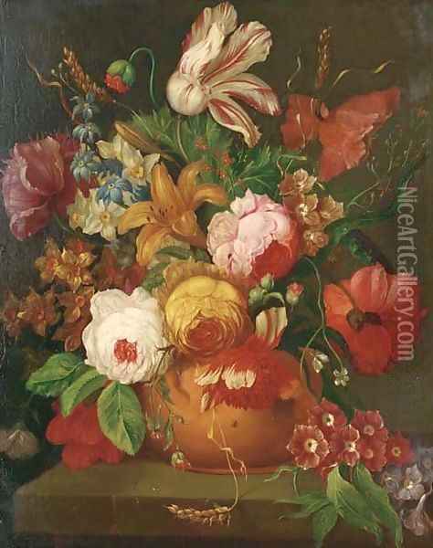 A parrot tulip, roses, narcissi and other flowers in a vase on a stone ledge Oil Painting - Jan Van Huysum