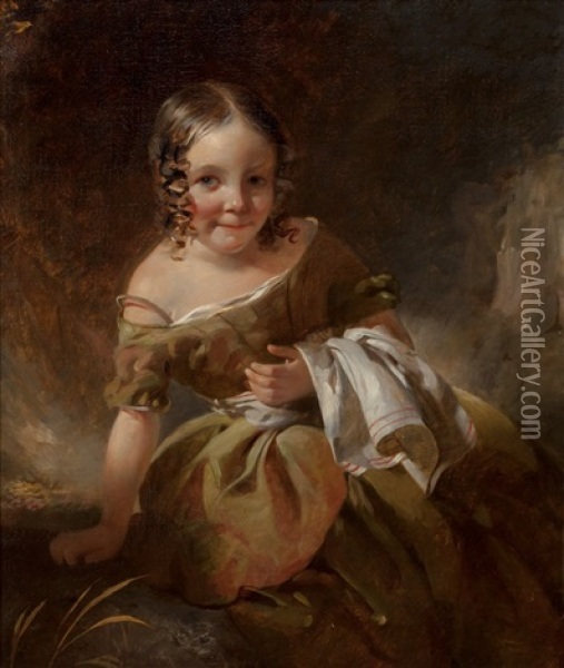 Portrait Of A Young Girl With Curls In An Olive Green Dress Oil Painting - John Watson Gordon