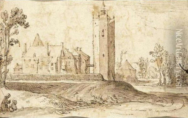 Recto : View Of The Castle Of Heusden; Verso : Figure Studies Oil Painting - Claes Jansz Ii Visscher