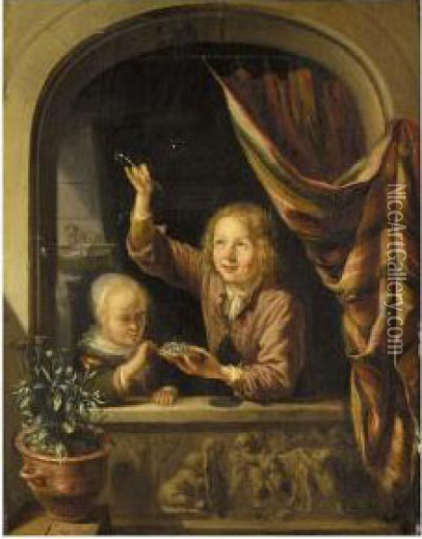 Two Children Blowing Bubbles At A Window Oil Painting - Dominicus van Tol