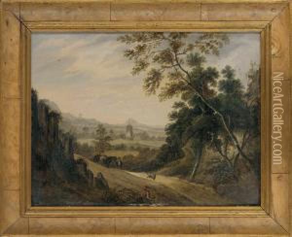 A Wooded Landscape With Travellers On A Track, A Church Beyond Oil Painting - George, of Chichester Smith
