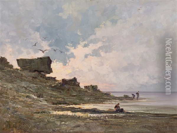 Coastal Landscape With Figures Oil Painting - Carlo Follini