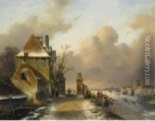 Figures On A Frozen Waterway Oil Painting - Charles Henri Leickert