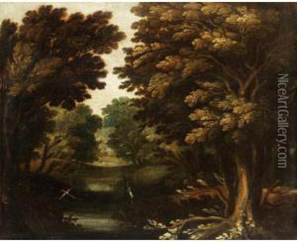 A Wooded Landscape With Two Herons Oil Painting - Gillis van Coninxloo