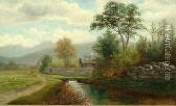 Figures On A Riverside Pathway With Mountains Beyond Oil Painting - William Mellor