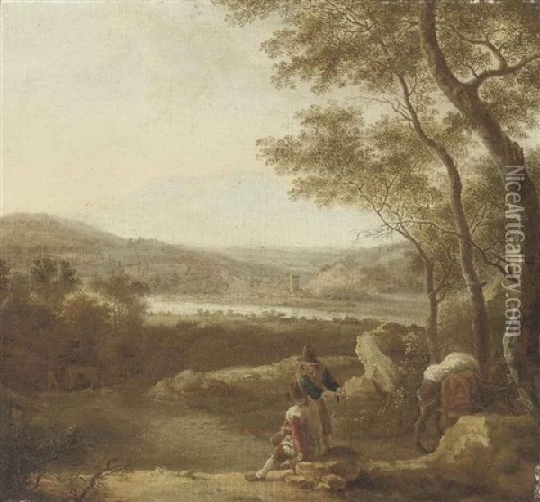 An Italianate Landscape With Travellers At Rest On A Track Oil Painting - Jan Dirksz. Both