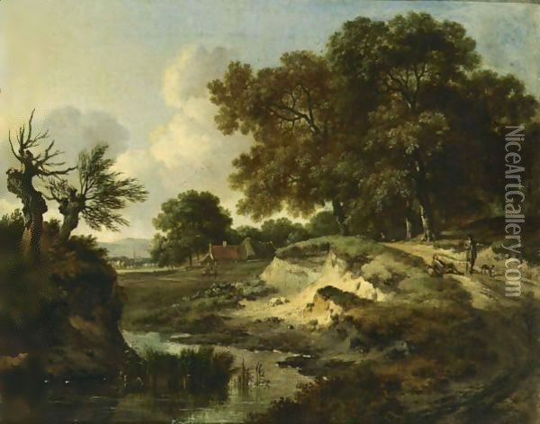 A Wooded Landscape With Travellers And A Dog On A Path Near A Stream, A Farm Beyond Oil Painting - Jan Wijnants