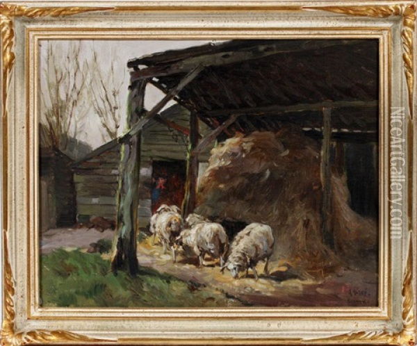 Four Sheep And A Male Figure In A Farm Scene Oil Painting - Mathias Joseph Alten