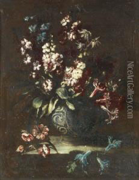 Flowers In A Decorated Vase On A Ledge Oil Painting - Margherita Caffi