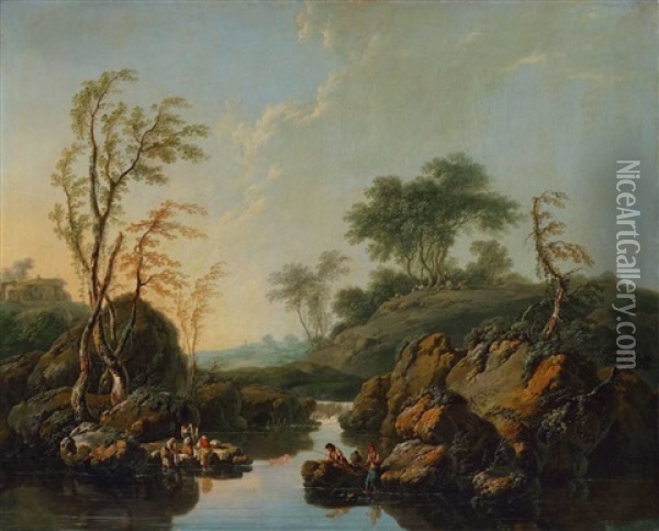 Landschaft Mit Wascherinnen, Anglern Und Hirten Oil Painting - Jean Baptiste Pillement