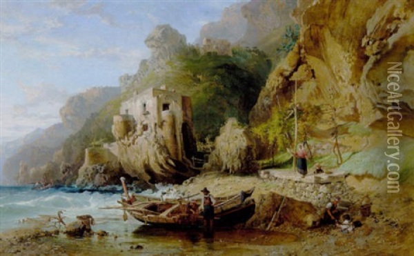 Fiskere Ved Deres Bad Ved Kysten Pa Amalfi Oil Painting - Harry John Johnson