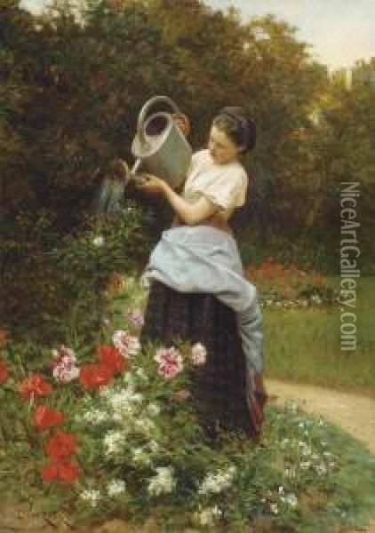 Tending The Garden Oil Painting - Theophile-Emmanuel Duverger
