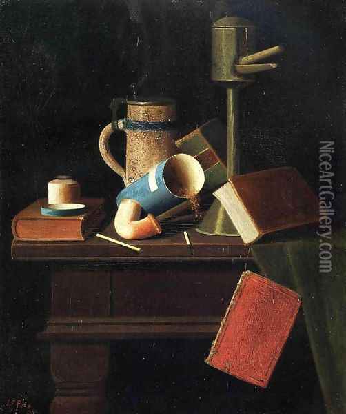 Still Life with Mug, Pipe and Boods Oil Painting - John Frederick Peto