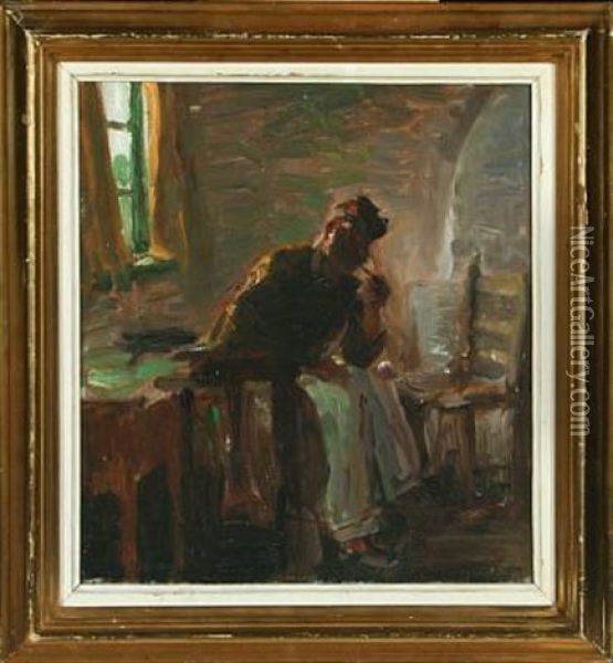 Interior With Smoking Man Oil Painting - Julius Paulsen