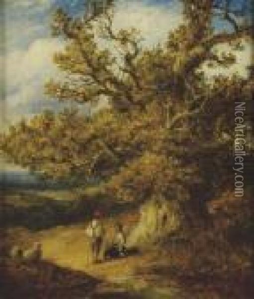 Figures With Dog And Sheep Beneath A Tree Oil Painting - John Linnell