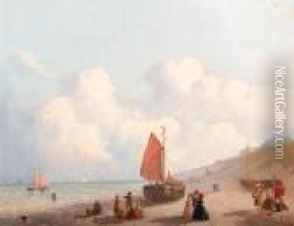 A Sunny Day On The Beach In 
Schevingen; And A Summer River Scenewith Freight Shipping And A 
Fisherman Along A Riverbank Oil Painting - Joseph Bles