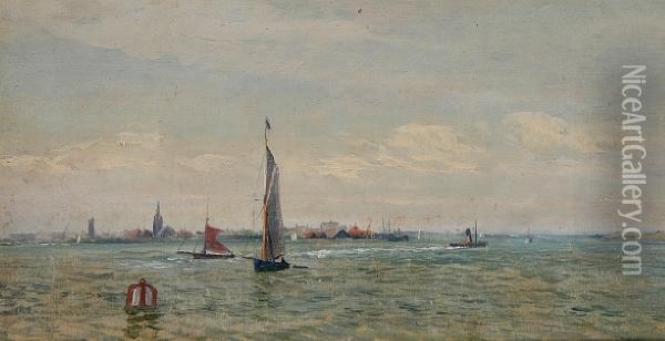 Boats In A Channel With A Town Beyond Oil Painting - William Lionel Wyllie
