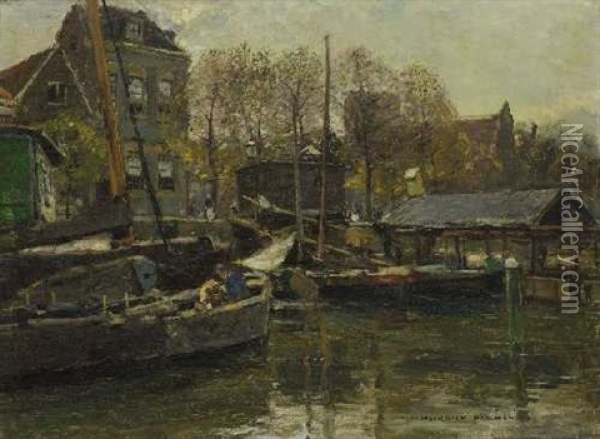Anlegestelle An Einer Hollandischen Gracht Oil Painting - Heinrich Hermanns