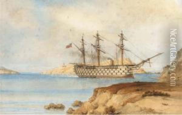 H.m.s. Royal Albert Aground Off The Aegean Island Of Zea Oil Painting - Sir Oswald Walter Brierly