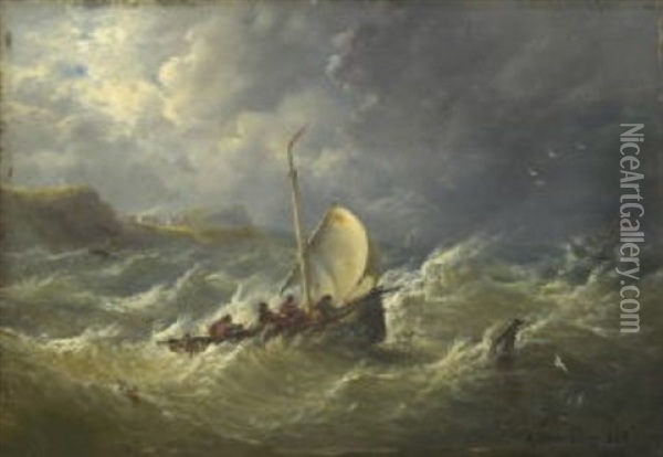 Fischerboote Auf Sturmisch Bewegter See Oil Painting - Andreas Achenbach