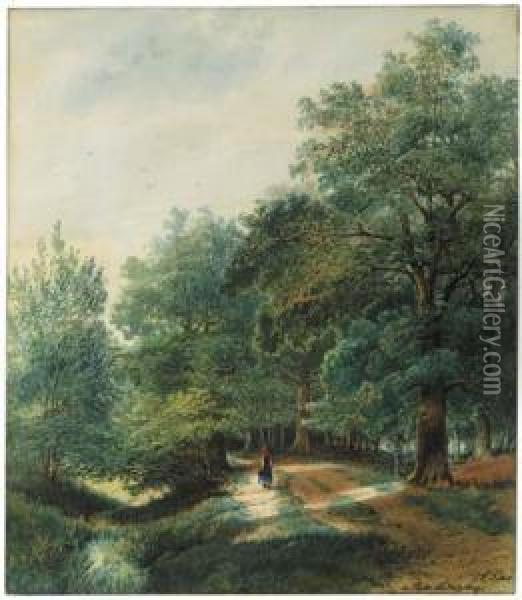 A Woman On A Road In Park Ludwigsburg, Near Stuttgart Oil Painting - Pieter Francis Peters