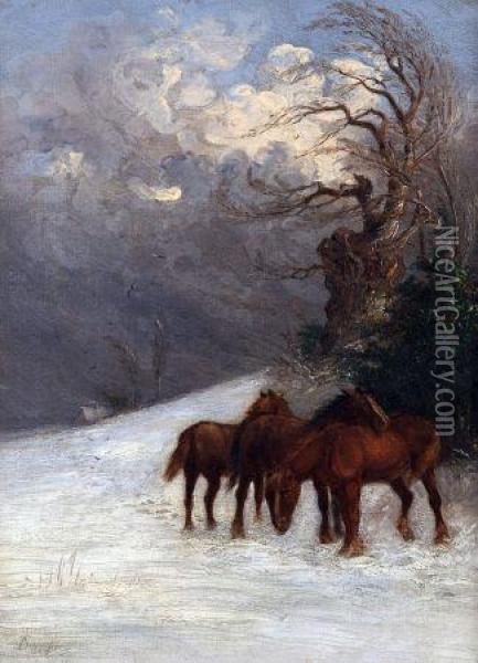 Horses In Winter Landscape Oil Painting - Thomas Smythe