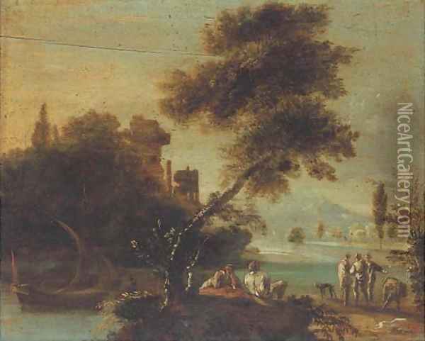 A wooded river landscape with figures resting by a river bank, classical ruins beyond Oil Painting - Giovanni De Momper
