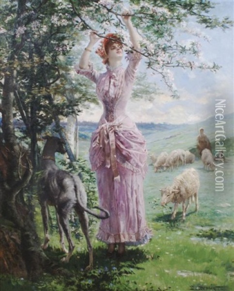 Girl With Sheep Oil Painting - Edmond Louis Dupain