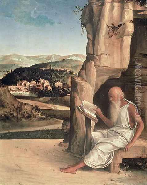 St. Jerome Reading in a Landscape Oil Painting - Giovanni Bellini