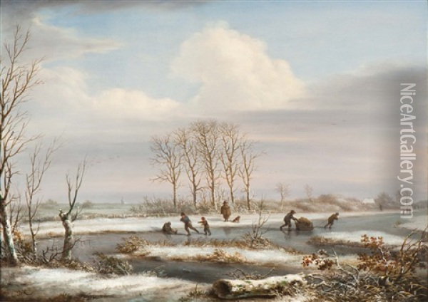 Field And View Of A Mill Near Rotterdam In Summer (+ Field And Tower View Near Rotterdam In Winter; 2 Works) Oil Painting - Jacob van Kouwenhoven