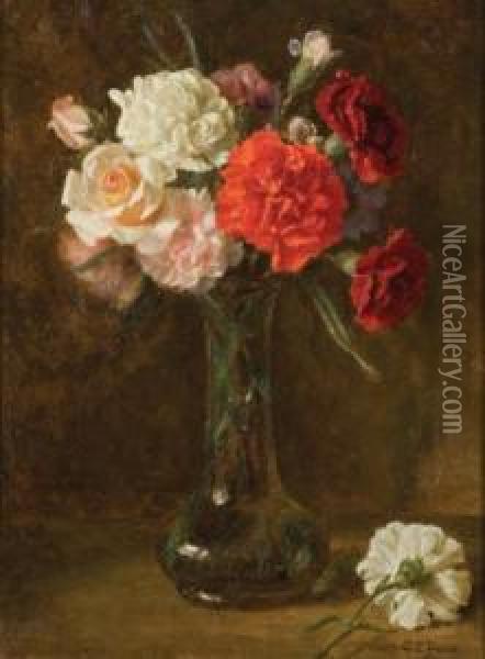 Carnations And Roses In A Glass Vase Oil Painting - Charles Ethan Porter