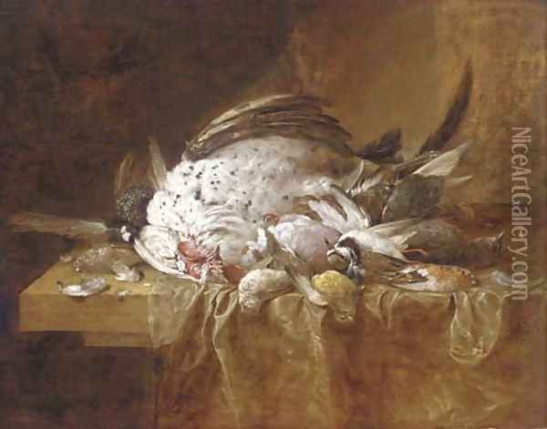 A dead turkey and songbirds on a partly-draped table Oil Painting - Jan Fyt