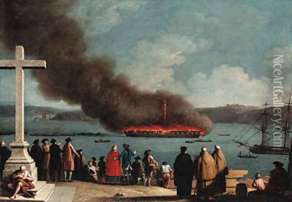 The Burning of the Frigate Graca Divina in the harbor of La Valetta, Malta Oil Painting - Joaquin Manuel Da Rocha