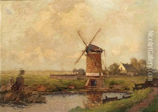 A Polder Landscape With Windmill Oil Painting - Gerard Delfgaauw