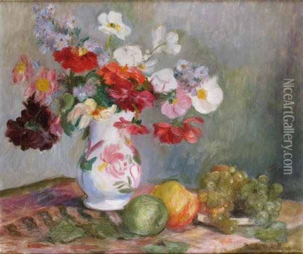 Vase De Fleurs, Pommes Et Raisin Sur Un Entablement Oil Painting - Paule Gobillard