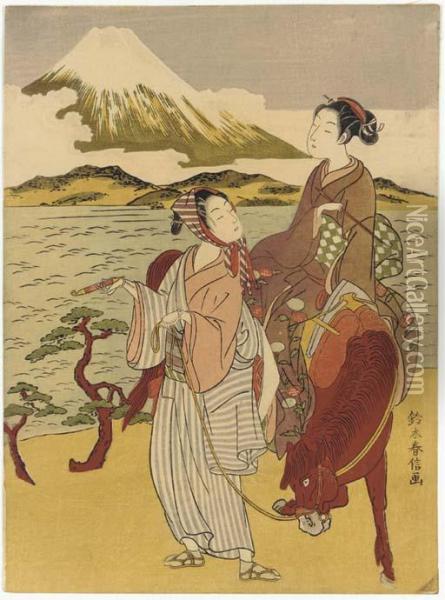 A Parody Of Ariwara No Narihira, 'the Eastern Journey' From Isemonogatari Oil Painting - Suzuki Harunobu