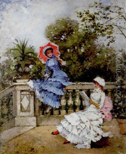 Deux Elegantes Sur La Terrasse Oil Painting - Francisco Miralles y Galup