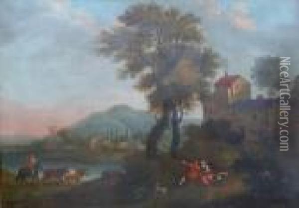An Italianate Landscape With Elegant Couple And A Drover Oil Painting - Frederick De Moucheron