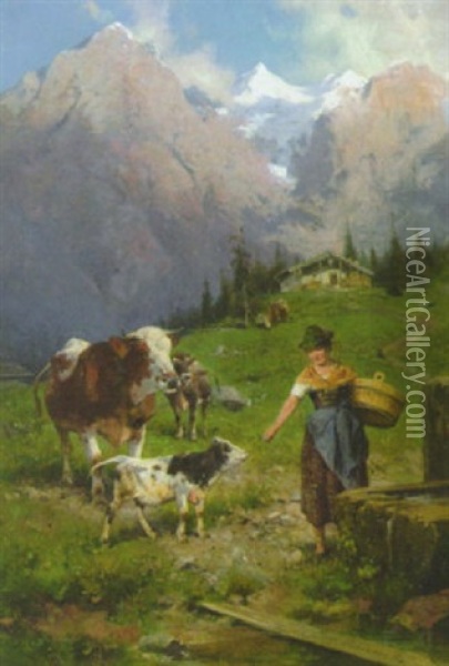 Sennerin Mit Vieh Am Brunnentrog Auf Der Alm Oil Painting - Adolf Ernst Meissner
