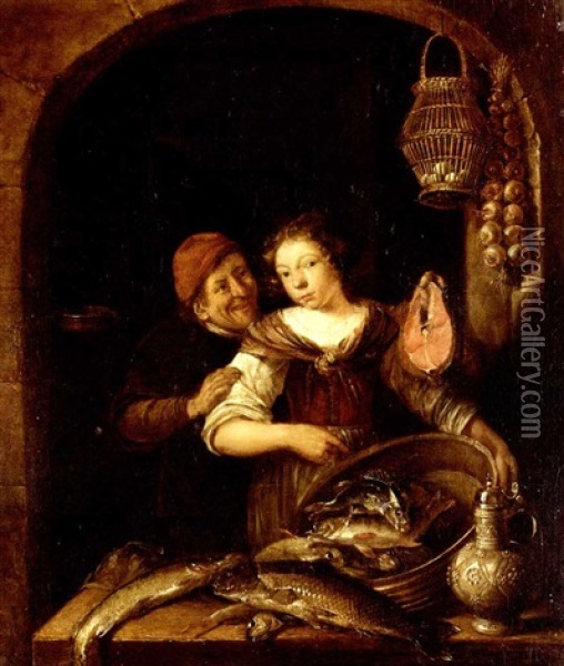 Interior With A Young Kitchen Maid Holding A Large Bowl Of Assorted Fish, Other Fish On A Ledge, With A Tankard, Eggs Hanging In A Basket And A Bunch Of Onions, A Peasant Holding A Large Salmon Steak Oil Painting - Gerrit (Gerard) Battem