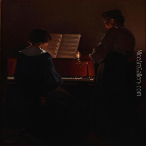 Two Women By A Piano Oil Painting - Edvard Weie