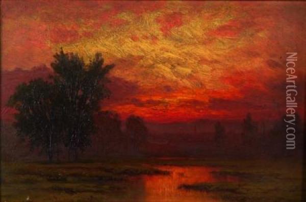 Marshland Sunset With Distant Steeple Oil Painting - Raymond Dabb Yelland