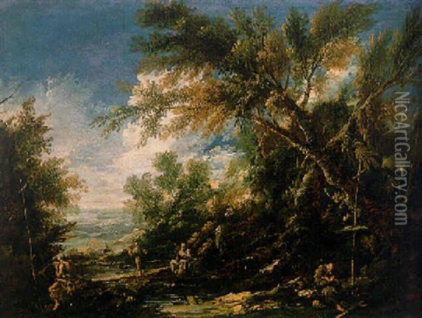 A Wooded River Landscape With Monks At Prayer Oil Painting - Alessandro Magnasco