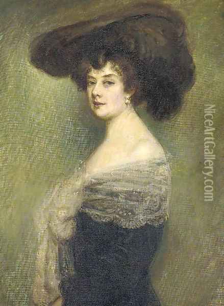 Portrait of a lady, half-length, in a black dress trimmed Oil Painting - French School